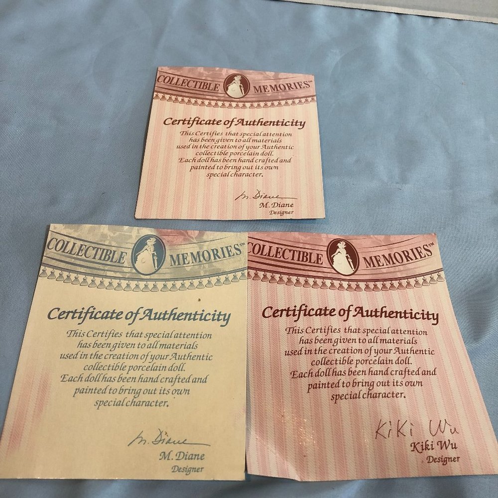 LOT of 3 Certificate of Authenticity Collectible Memories Porcelain Dolls #F67